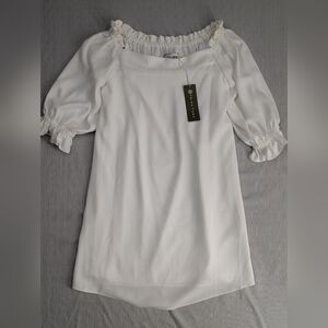 Trina Turk Equinox Shift Dress White Off Shoulder Puff Sleeve Ruffle S